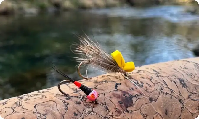 A dry fly and a dropper nymph resting on a cork rod handle by the river